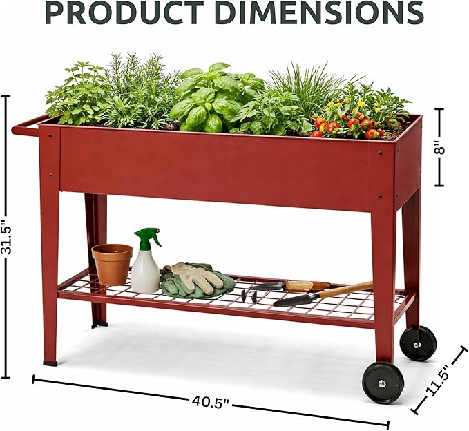 InSideOut Elevated 40" Raised Garden Bed Outdoor with Wheels & Shelf for Mobility, Metal Planter Box for Vegetables/Herbs, Patio-Balcony-Backyard (Red)