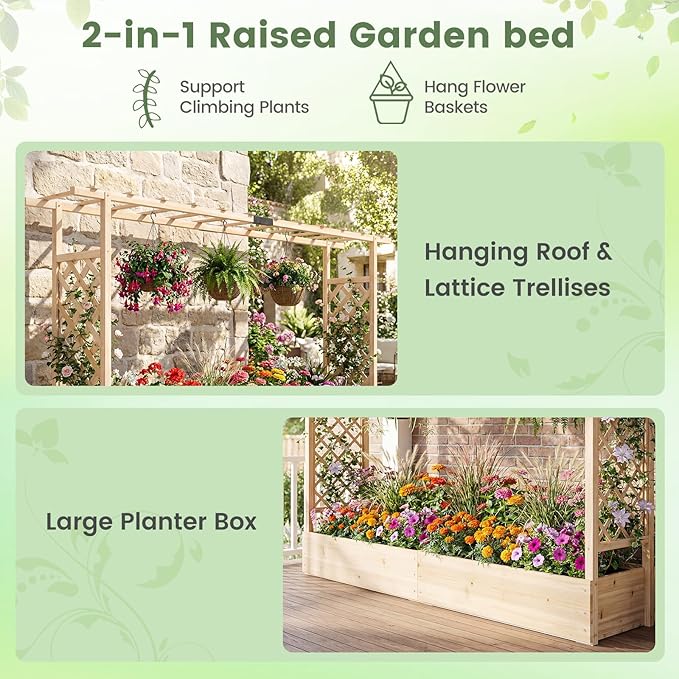 Giantex Wooden Raised Garden Bed with Trellis & Hanging Roof, Fir Wood Planter Box, 45” Freestanding Elevated Garden Bed for Outdoor Climbing Plants Vegetables Flowers, Patio & Balcony, Natural