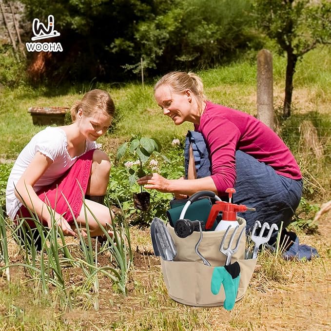 WOOHA Garden Tool Organizer Bag 17L Collapsible Tool Bag Foldable Tool Organizer Outdoor Camping Garden Harvest Basket Cleaning Supply Caddy with Handle for Home Bathroom Storage Bath Wash Bag（khaki）