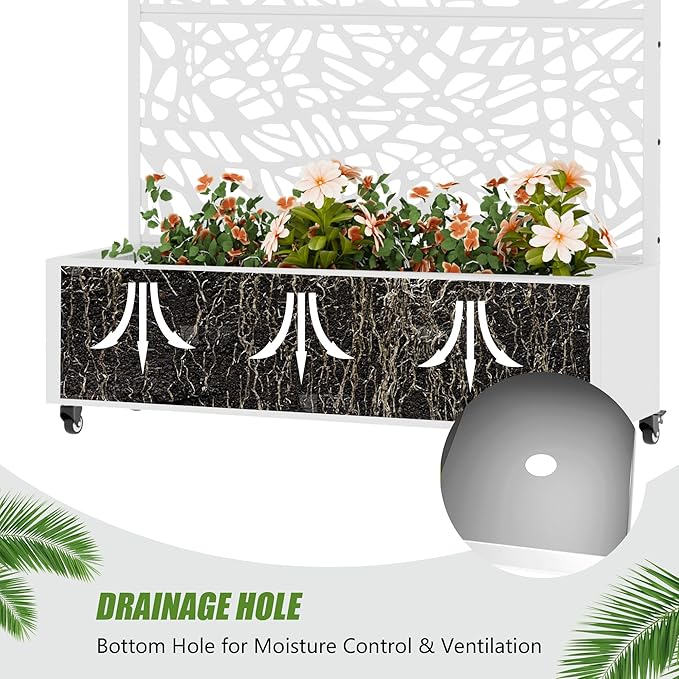 Casaphoria Metal Raised Garden Bed with Trellis and Wheels, 72"x47"x16" Arched Planter Box for Climbing Plants, Vegetables & Vines, Features Drainage Holes and Privacy Screen, White-Net