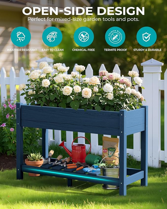 SERWALL Raised Garden Bed with Legs Set of 2, 43"×17"×30" Large HDPE Elevated Planter Box for Vegetables Flower Herb Patio, All Weather Use- Blue