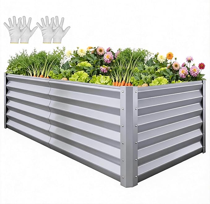 YITAHOME 6x3x3ft Large Raised Garden Bed Kit, Galvanized Metal Planter Box with Gloves, Support Rod, Outdoor Above Ground Planters for Plants Vegetables Flowers, Silver