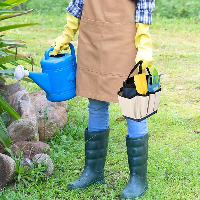 Small Garden Tool Bag Waterproof Gardening Hand Tool Storage Bag Heavy Duty Oxford Tote Organizer Bag with 8 Pockets, Garden Utensil Handbag for Women Men (Beige)