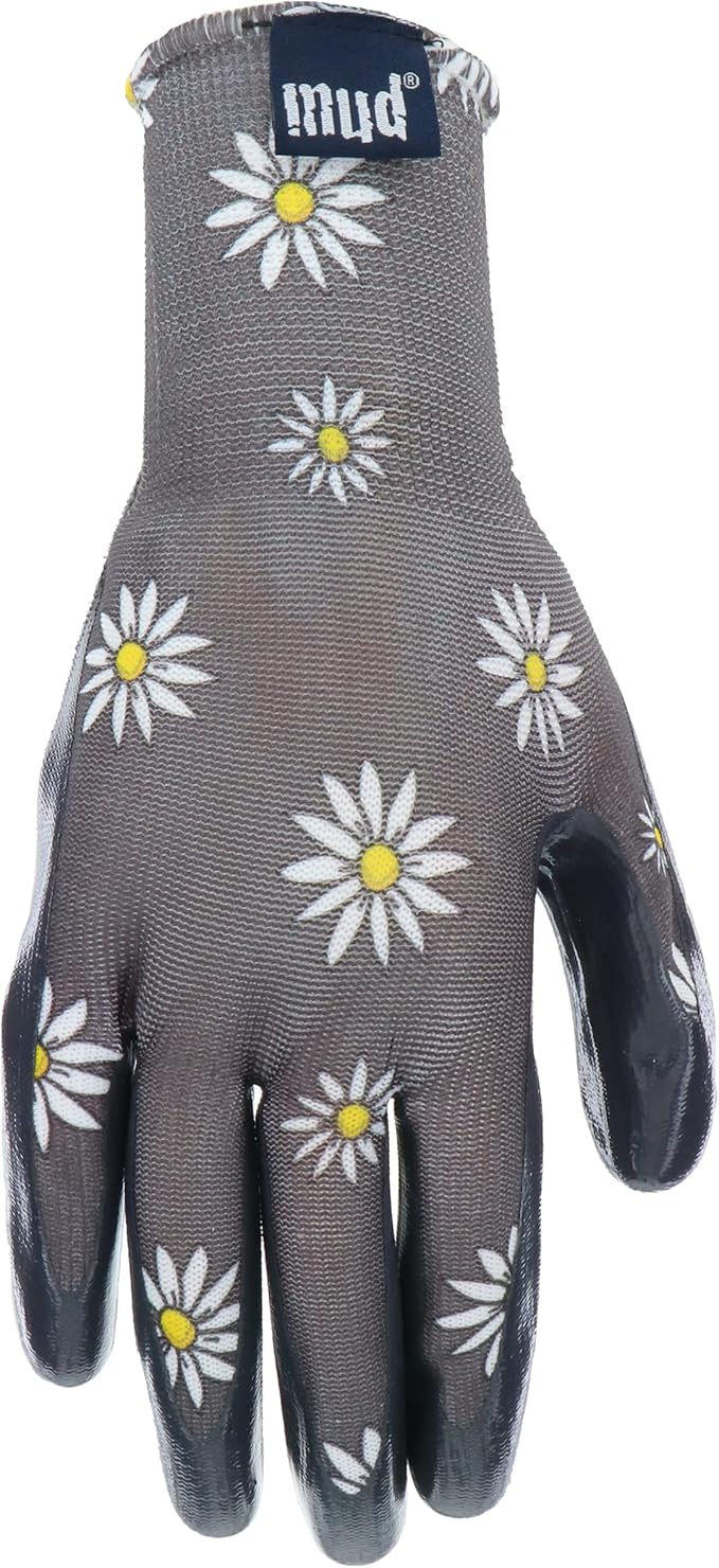 Mud Grip Women's Daisy Printed Polyester Shell and Flat Nitrile Coated Palm Gardening Gloves,