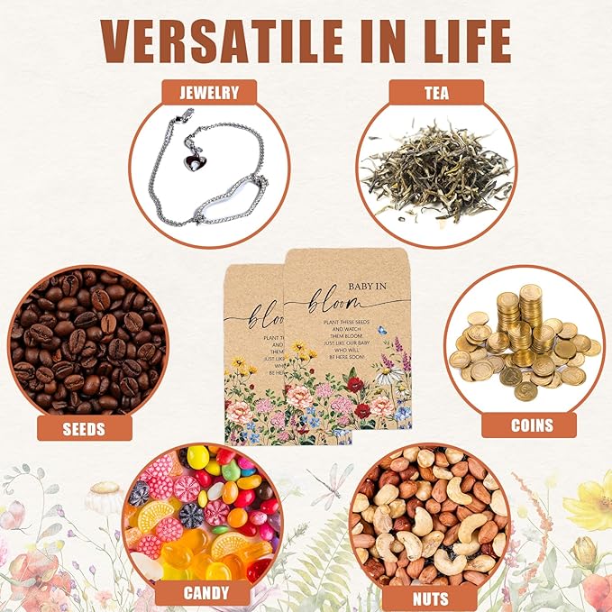 JarThenaAMCS 100Pcs Baby Shower Seed Packets Spring Wildflower Self Adhesive Kraft Envelopes with Thank You Tags Baby in Bloom Seed Storage Pockets for Garden Party Favors Supplies