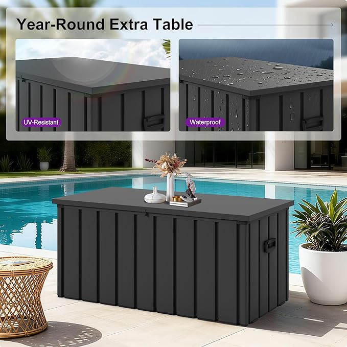 PURPLE LEAF Outdoor Deck Box 100 Gallon Waterproof Lockable Storage Box Container with Lid Deck Organization for Patio Cushions Side Table Pool Accessories Garden Tools, Gray