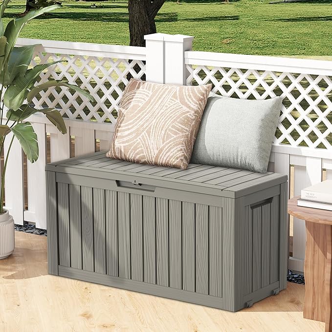 75 Gallon Outdoor Storage Box, Waterproof Deck Box with Handles and Lockable Lid, Resin Patio Storage Box with Hydraulic Rods for Garden Tools, Cushions, Grey