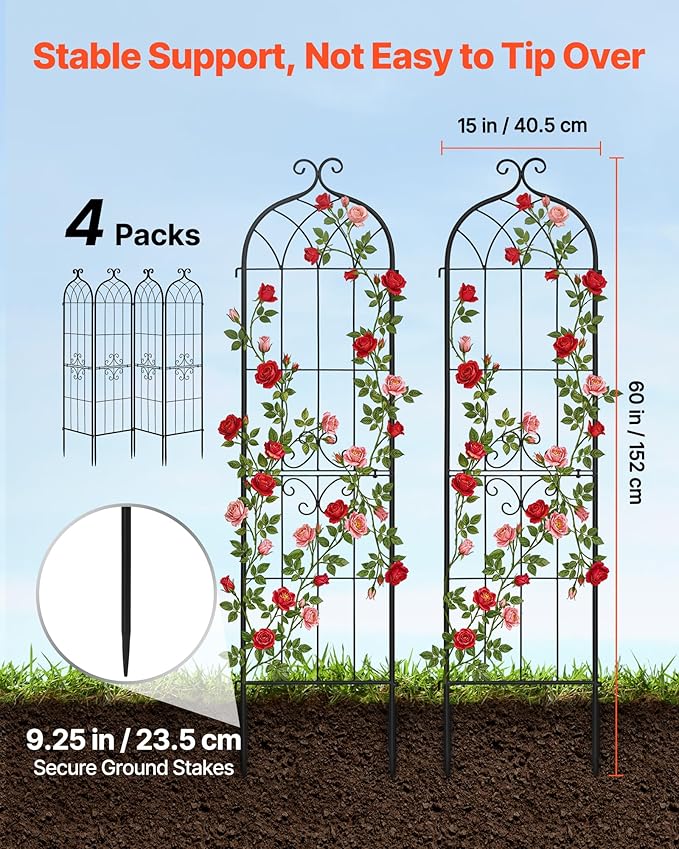VEVOR Garden Trellis, 60 x 15 inch Rose Trellis, 4 Packs Garden Flower Rose Trellises with Powder-Coated Finish & Convenient Locking Design, Plant Support Trellises for Flowers, Vegetables, Roses