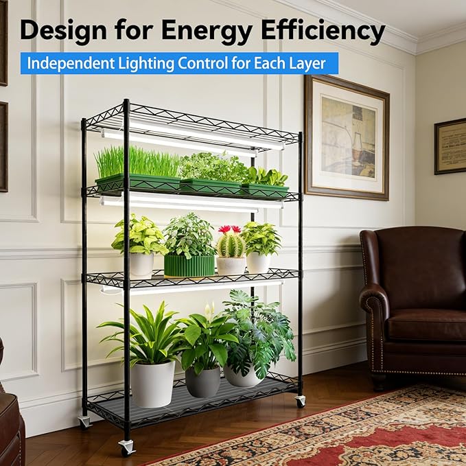 JESLED Indoor Greenhouse with Grow Light, 3FT Full Spectrum 5000K LED Light for Seed Starting, Tiered Lighting Control, Built-in Timer & Thermo-Hygrometer, Rolling Metal Plant Stand (35.4x13.8x59IN)