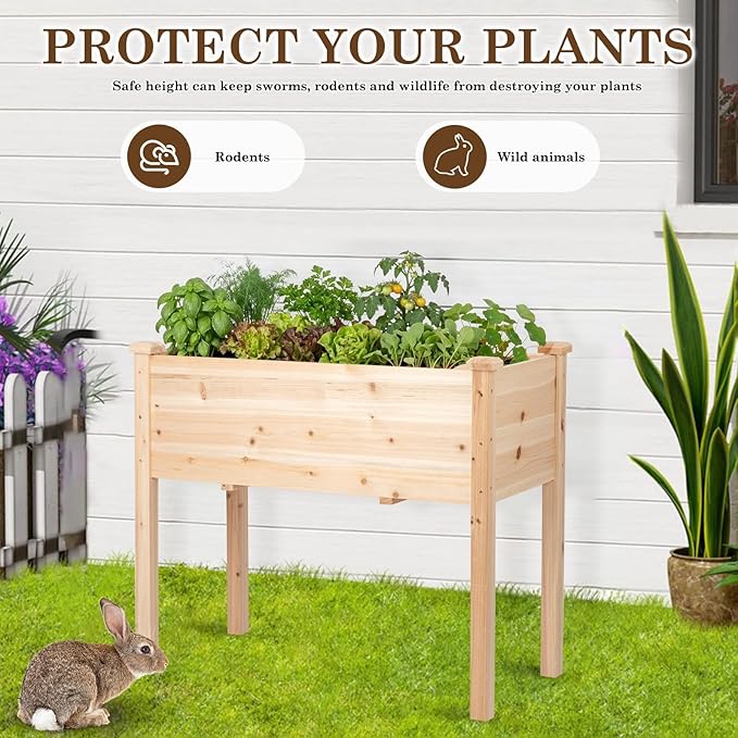 Raised Garden Bed with Legs, 32x16x30 inch Wood Elevated Planter with Protective Liner for Vegetable Flower Herb, Outdoor Planter Box Kit for Balcony Patio Backyard, Natural