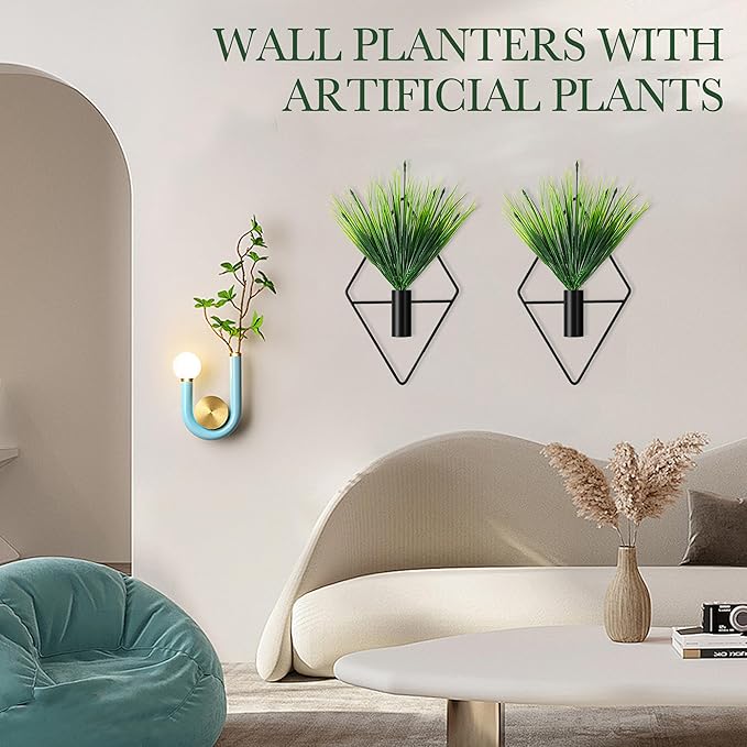 2 Pack Black Wall Decor Hanging Planters with Artificial Plants Metal Hanging Vase Indoor Plants Holder Modern Boho Wall Art for Bathroom Bedroom Living Room Office (Black, Aquatic Plant)