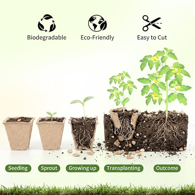 Prudiut 144 Cells Seed Starter Tray, 12 Pack Biodegradable Peat Pots, Plant Starter Kit for Seedlings with 50 Labels & Transplanting Tools, Germination Cups for Vegetables, Flowers, Herbs