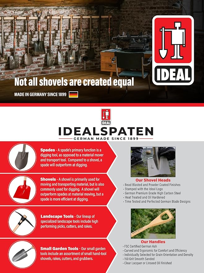 IDEALSPATEN - Made in Germany Since 1899 - Bremen Rounded Spade - Professional Midsize Spade for Digging, Ash D Handle 5.75lb - 45 in (Bremen)#IS120