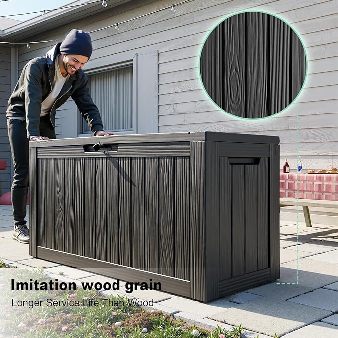 Waterproof Outdoor Storage Box, 86 Gallon Lockable Deck Box, UV-Resistant Outside Storage Bin With Hydraulic Lid For Patio Furniture, Cushion Organizer, Garden Tools, Pool Accessories, Black