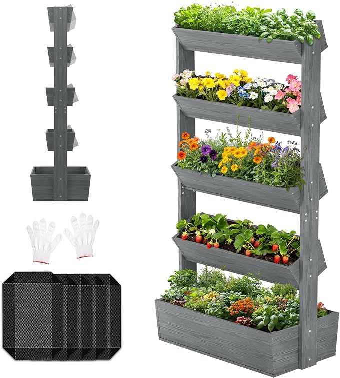 Wooden Vertical Raised Garden Bed, 5 Tier Garden Planters Raised Beds Freestanding Plant Stand Flower Rack Wooden Planter Box for Plants Herbs Flowers Vegetables Outdoor Indoor Gardening
