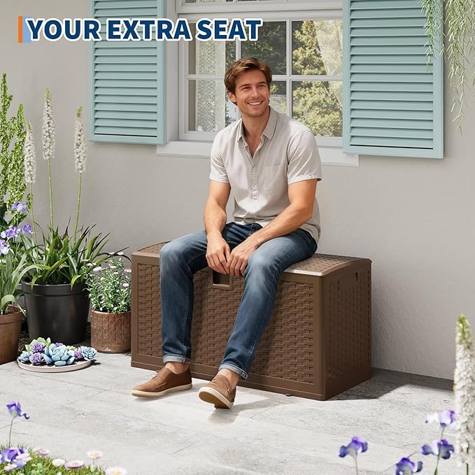 GarveeLife 73 Gallon Resin Deck Box, Weatherproof and UV Resistant Outdoor Storage Box, Lockable Outdoor Storage Bin for Patio Cushions, Garden Tools, Pool Supplies, Package Delivery, Brown