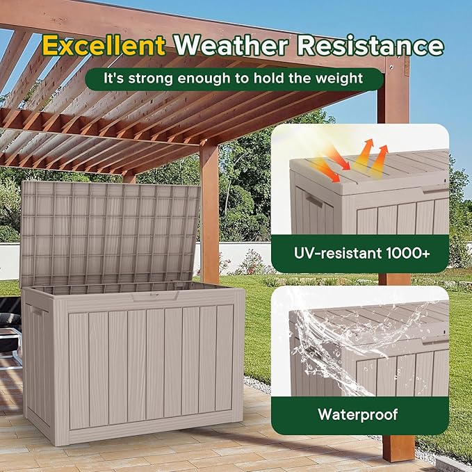 Vixzen 46 Gallon Resin Deck Box, Lockable Outdoor Storage Box for Patio Cushions Storage Furniture,Garden Tools, Pool Supplies, Weatherproof and UV Resistant（Grey，46 Gallon）