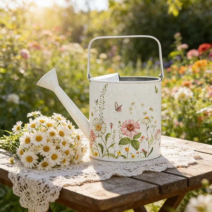 Vintage White Metal Watering Can Decorative Garden Watering Pot with Floral & Butterfly Prints Rustic Shabby Chic Design for Indoor Plants, Outdoor Gardening, Home Decor