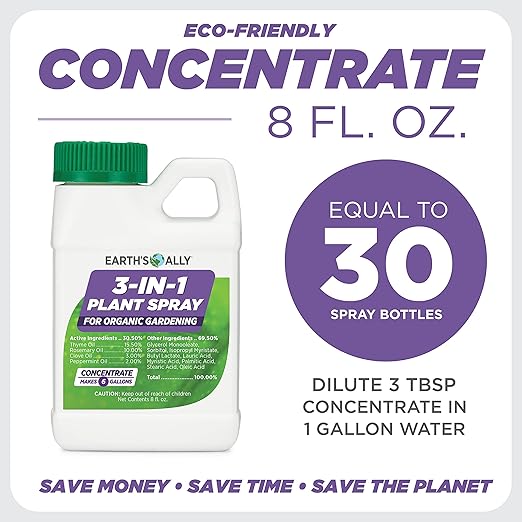 Earth's Ally 3-in-1 Plant Spray 8 Oz Concentrate for Pests and Disease - Organic Insecticide, Fungicide, Miticide - OMRI Listed for Indoor Houseplants and Outdoor Garden - Safe for Bees, Kids, Pets
