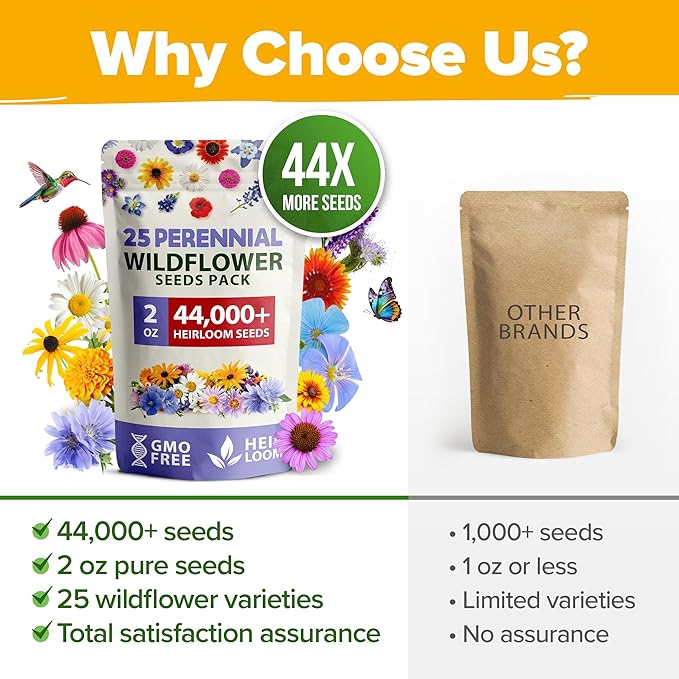 HOME GROWN Wildflower Seeds - 44,000 Non GMO USA Perennial Seeds (2oz) 19 Varieties for Butterfly & Pollinator Garden - Wild Flower Seed Mix for Full Sun & Shade
