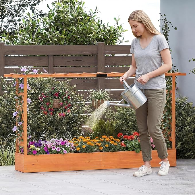 S AFSTAR Raised Garden Bed with Trellis, 2-in-1 Fir Wood Planter Box with Flat Roof & Drainage Holes, Vertical Planter Raised Bed for Climbing Plants, Flowers & Vegetables, 87" x 14" x 45" (Orange)