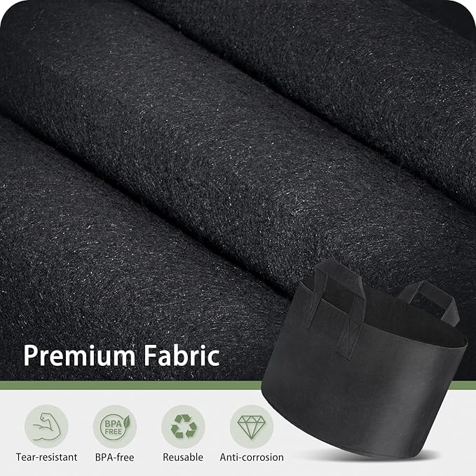 GreatBuddy 10 Gallon Grow Bags 12-Pack, Thick Fabric Pots for Plants, Sturdy Handles & Reinforced Stitching, Labels Included, Black