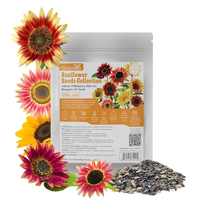 Sunflower Seeds for Planting, 15+ Varieties, 1 Oz, 300+ Mixed Seeds to Plant Colored Sunflower for Outdoors, Garden, Attracts Pollinators