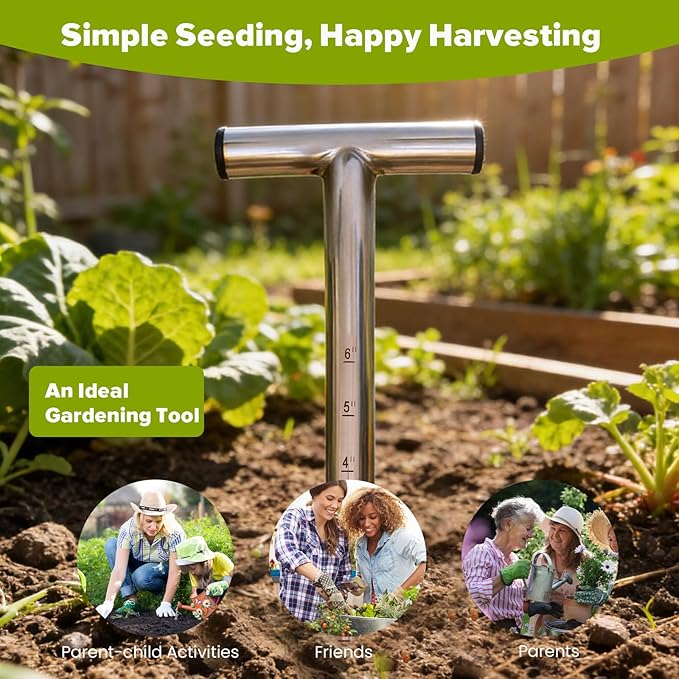 Dibbler Gardening Tool Stainless Steel, Hand Dibber Seed Planter Tool, T-Handle Bulb Planter Tool, Hand Held Hole Digger for Tulip Garden Tool