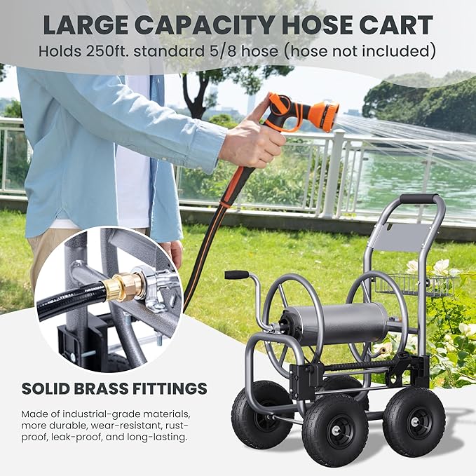 Giraffe Tools Garden Hose Reel Cart, Cart with Wheels Heavy Duty, Industrial Hose Reels for Outside, 250-Feet of 5/8" Hose Capacity, Hose Guide Pre-Installed