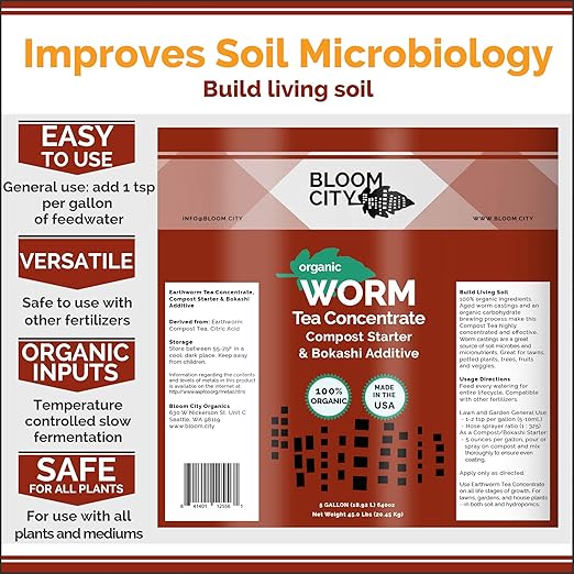 Organic Worm Tea Concentrate and Compost and Bokashi Booster by Bloom City, Gallon(128 oz)
