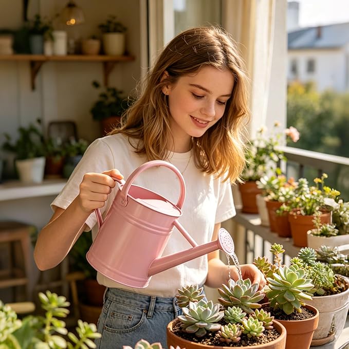 Metal Watering Can for Outdoor and Indoor Plants, Watering Can Decor, 1 Gallon（Pink）