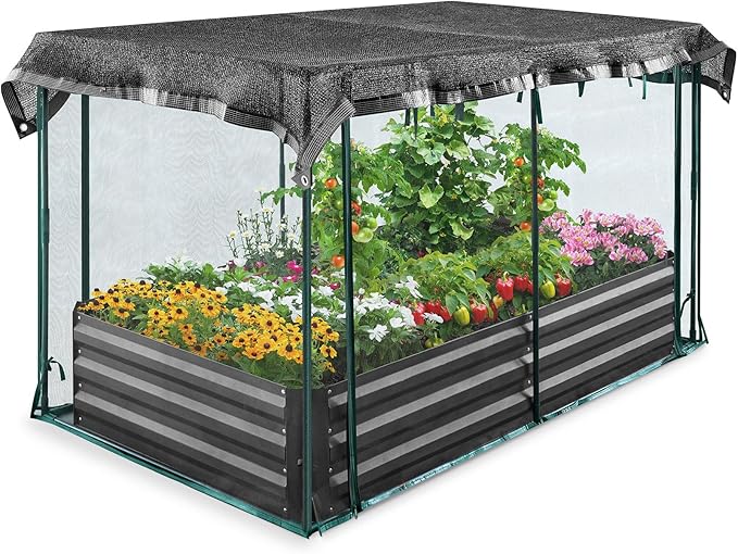 Quictent Galvanized Raised Garden Bed with Crop Cage Plant Protection Net Tent and Shade Cloth Kit Metal Planter Box Bottomless Planting Vegetables Outdoor Backyard Included T Tags Wing Nuts 6x3x1 Ft