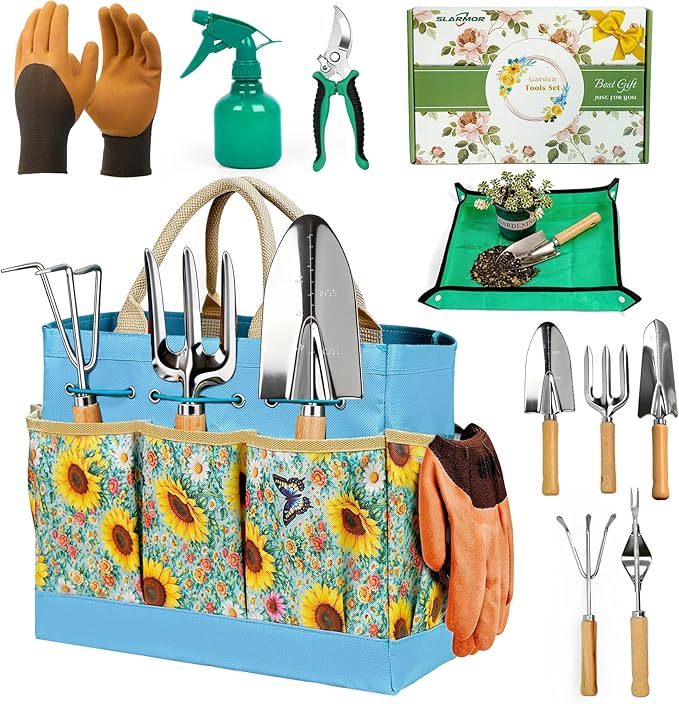 Garden Tool Set, 10 PCS Gardening Essentials, Stainless Steel Garden Hand Tools with Tote Bag, Well-Designed Gardening Supplies Kit Gifts for Women Men Gardeners