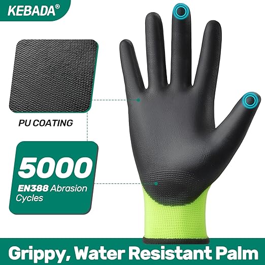 Kebada W1 Work Gloves for Men and Women, PU Coated Safety Gloves with Grip, Touchscreen, Ideal for Warehouse Package Handling, Construction, Gardening, Green XXL