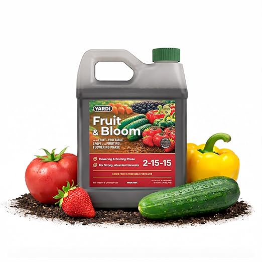 Yardi Fruit & Bloom Plant Food | Outdoor Garden Fertilizer for Fruits, Vegetables & Flowers | Nutrients for Flowering & Fruiting | NPK 2-15-15 with Micronutrients | 32 Ounce