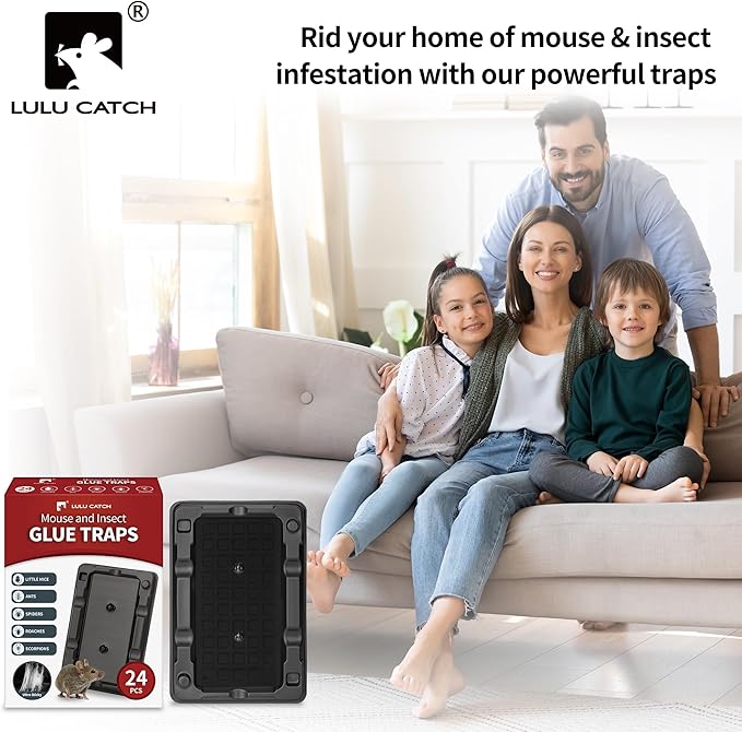 LULUCATCH Mouse & Insect Traps 24 Pack, Heavier Sticky Traps with Non-Toxic Glue for Small Mice & Insects. Sticky Mouse Traps Indoor, Easy to Set, Pet Safe Pest Control