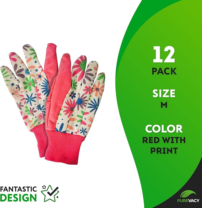 Red Garden Gloves for Women Medium Size, Work Gloves Women Style Pack of 12 (6 Pairs), Polyester and Cotton Gardening Glove, Non-Slip Yard Work Glovs