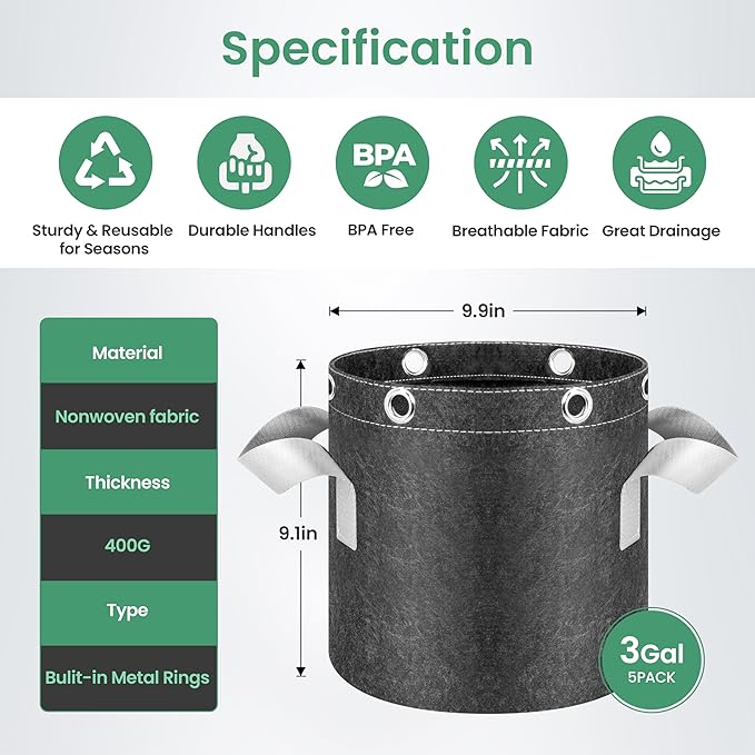 InfiniPower 5 Pack 3 Gallon Plant Grow Bags, 400G Thick Nonwoven Fabric Pots with Multi-Purpose Rings and Handles, Reusable for Low Stress Plant Training Fruits, Vegetables and Flowers