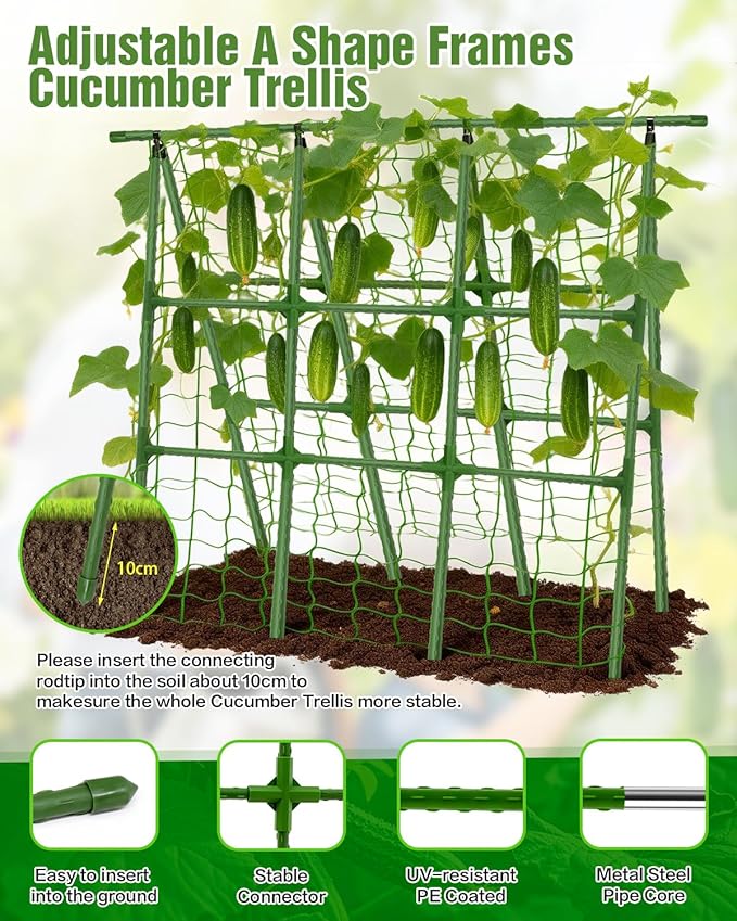 Joyhalo A-Frame Cucumber Trellis for Raised Beds, 47" Hx 57" L Adjustable Size, Garden Trellis for Climbing Plant Outdoors with Climbing Net and Plant Support Clip for Vegetable Vine Pea Bean Tomato