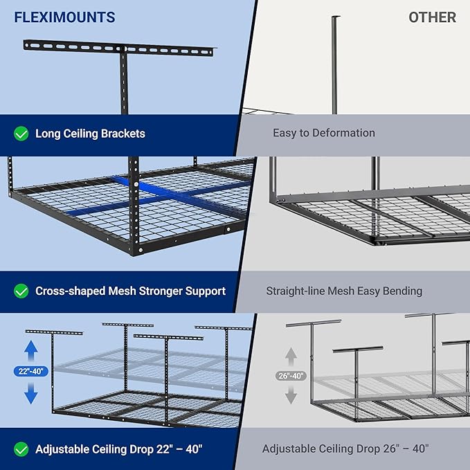 FLEXIMOUNTS 4x8 Overhead Garage Storage Rack, Adjustable Organization System, Heavy-Duty Metal Ceiling Racks, 750lbs Weight Capacity, Hammertone, Classic Series