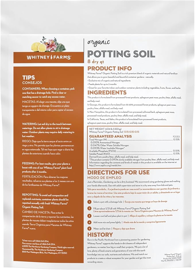 Whitney Farms Organic Potting Soil - Natural Indoor and Outdoor Container Mix for Vegetables, Herbs and Flowers, Feeds Plants up to 2 Months - 8 qt.