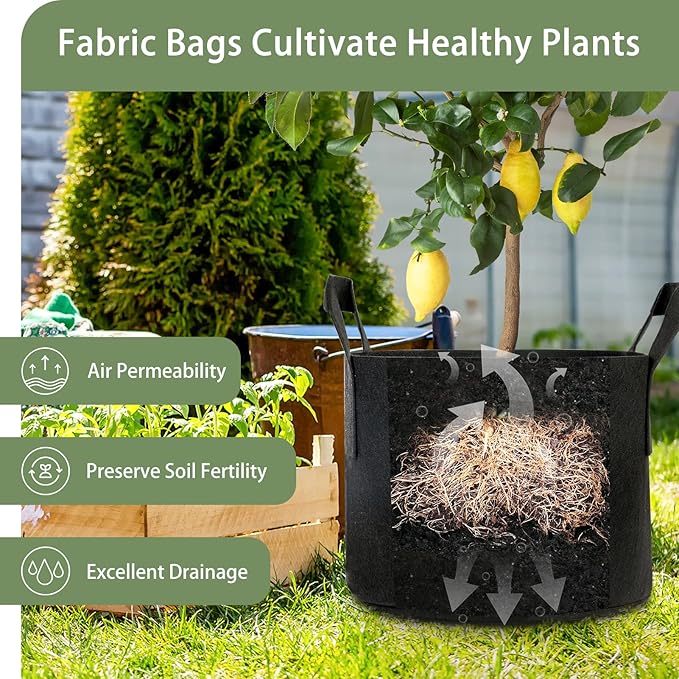 GreatBuddy 10 Gallon Grow Bags 6-Pack, Thick Fabric Pots for Plants, Sturdy Handles & Reinforced Stitching, Labels Included, Black