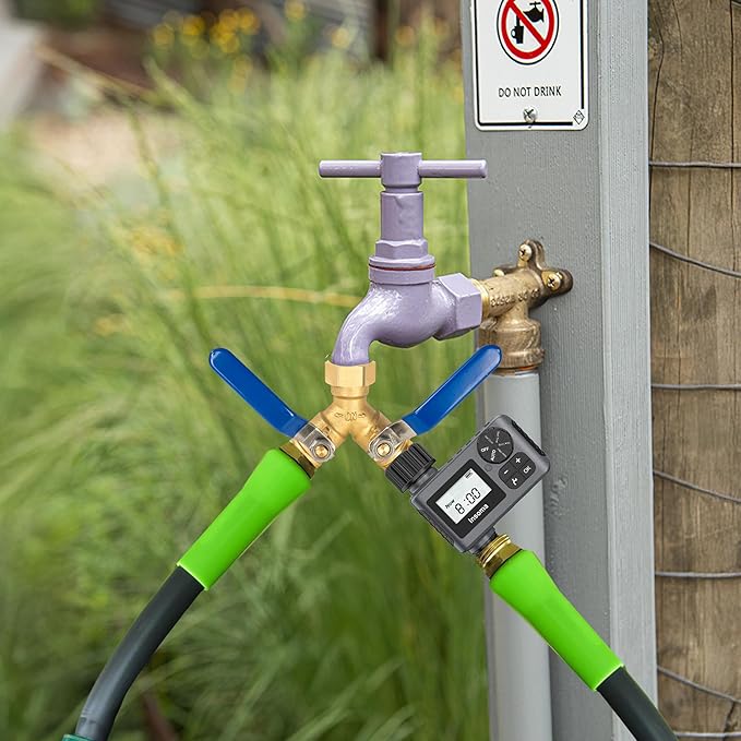 Hourleey Brass Garden Hose Splitter, Y Valve Splitter with Stainless Steel Long Handle, Heavy Duty 2 Way 3/4" GHT Thread Water Garden Hose Adapter