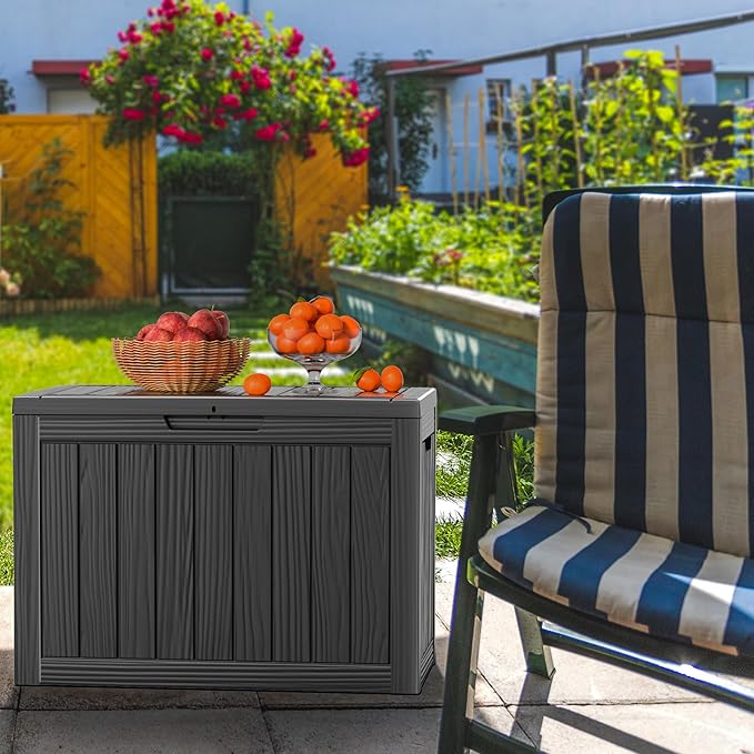 Vixzen 46 Gallon Resin Deck Box, Lockable Outdoor Storage Box for Patio Cushions Storage Furniture,Garden Tools, Pool Supplies, Weatherproof and UV Resistant（Black，46 Gallon）