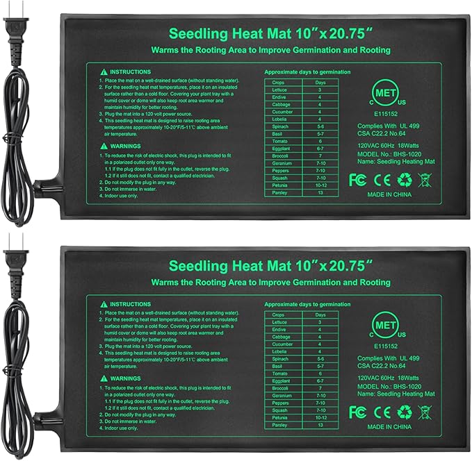 Seedling Heat Mat 2 Pack Dual Certified by MET and UL Plant Heating Mat Pad with Power Failure Protection Thermostatic Waterproof Suitable for Seedlings