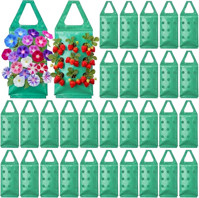 30 Pack Hanging Strawberry Planter and Flower Grow Bags with 9 Holes, Large 21" Fence Planter Pouches, Upside-down Garden Bags for Flowers, Strawberries, Tomatoes, 3.5-5kg Weight Capacity, BPA-Free