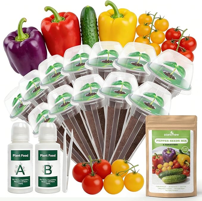 12-Pod Pepper Seed Kit Compatible with All Hydroponics, 6 Pack Varieties: Yellow, Purple, Red, Sweet Pepper, Cherry Tomato, Cucumber - Universal Seed Starter Pods, Easy to Grow, High Germination