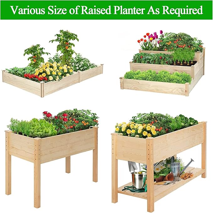 GARFANS Raised Garden Bed Wood Planter Box with Storage Shelf for Vegetable Flower Herb Raised Planter Box with Legs Outdoor Elevated Garden Bed Kit Grow Box for Garden Backyard Patio