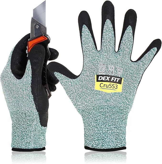 DEX FIT Level 5 Cut Resistant Gloves Cru553, 3D-Comfort Stretchy Fit, Power Grip, Professional Grade, Thin, Touch-Screen Compatible, Durable, Machine Washable; Green XL (10) 1 Pair