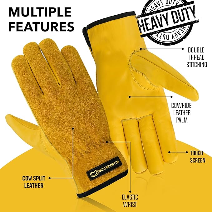 WESTWOOD FOX Work Gloves Men Heavy Duty Leather Gardening Gloves for Thorn Resistant Padded Palm Utility Working